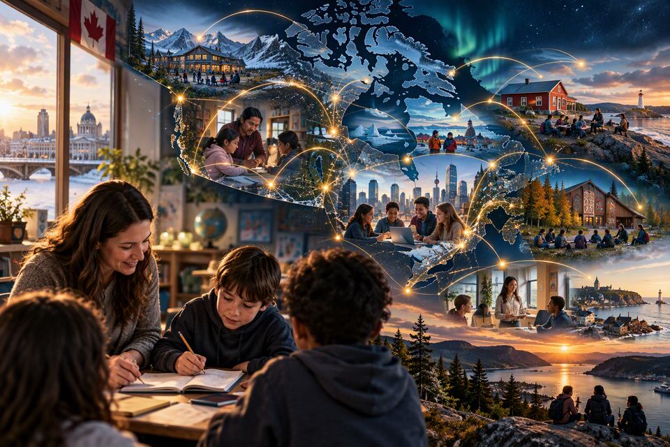 A parent and two children working through a lesson at a kitchen table, beside a glowing map of Canada linking learners in homes and communities across the country.